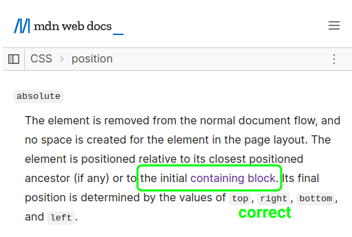 Screenshot from MDN showing a correct information about position: absolute