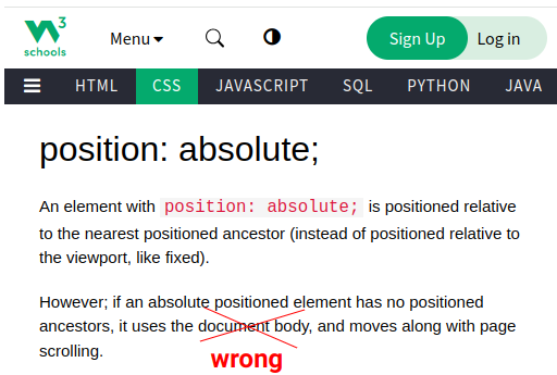 Screenshot from W3schools showing a wrong information about position: absolute